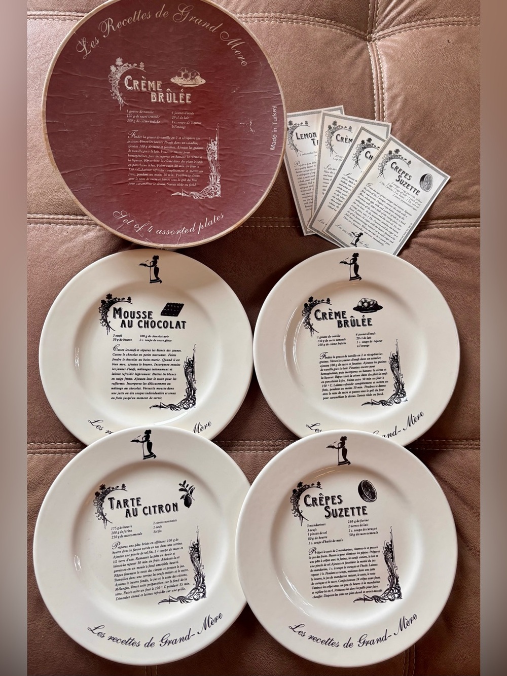 Set of 4 Cream Dessert Plates with Black French Recipe Design 8” with box
